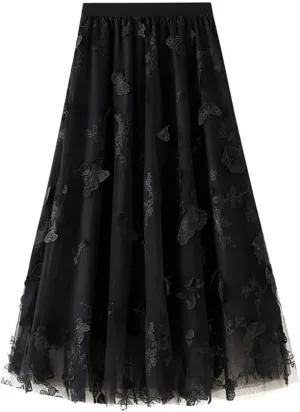 Womens Tulle Tutu Skirt A-Line Midi Mini Skirt Elastic High Waist Layer Skirt Floral Print Mesh Pleated Swing Dresses