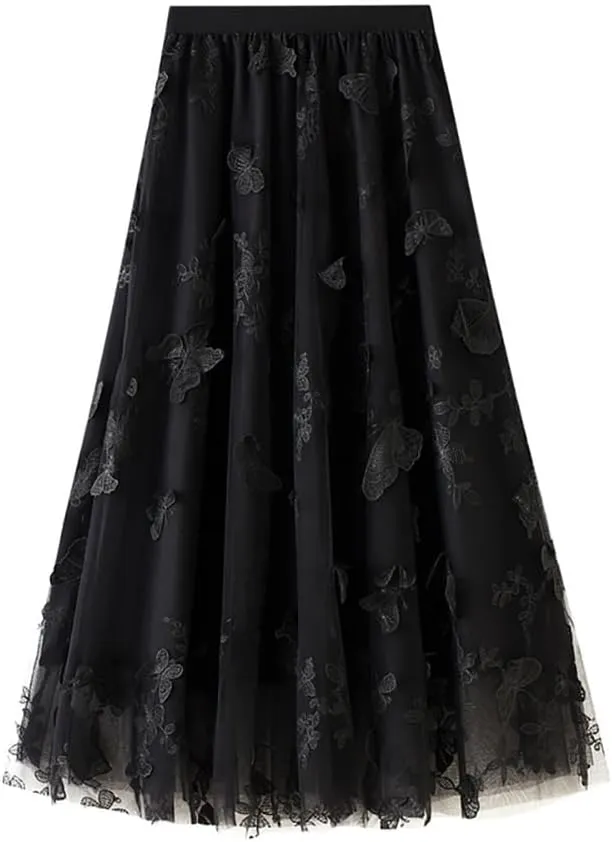 Womens Tulle Tutu Skirt A-Line Midi Mini Skirt Elastic High Waist Layer Skirt Floral Print Mesh Pleated Swing Dresses