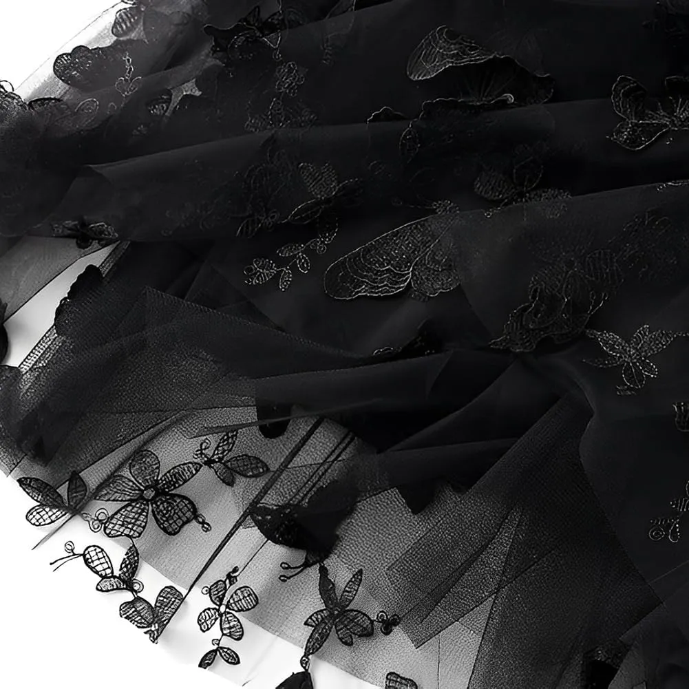 Womens Tulle Tutu Skirt A-Line Midi Mini Skirt Elastic High Waist Layer Skirt Floral Print Mesh Pleated Swing Dresses
