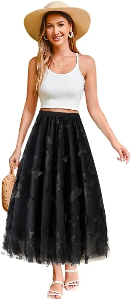 Womens Tulle Tutu Skirt A-Line Midi Mini Skirt Elastic High Waist Layer Skirt Floral Print Mesh Pleated Swing Dresses