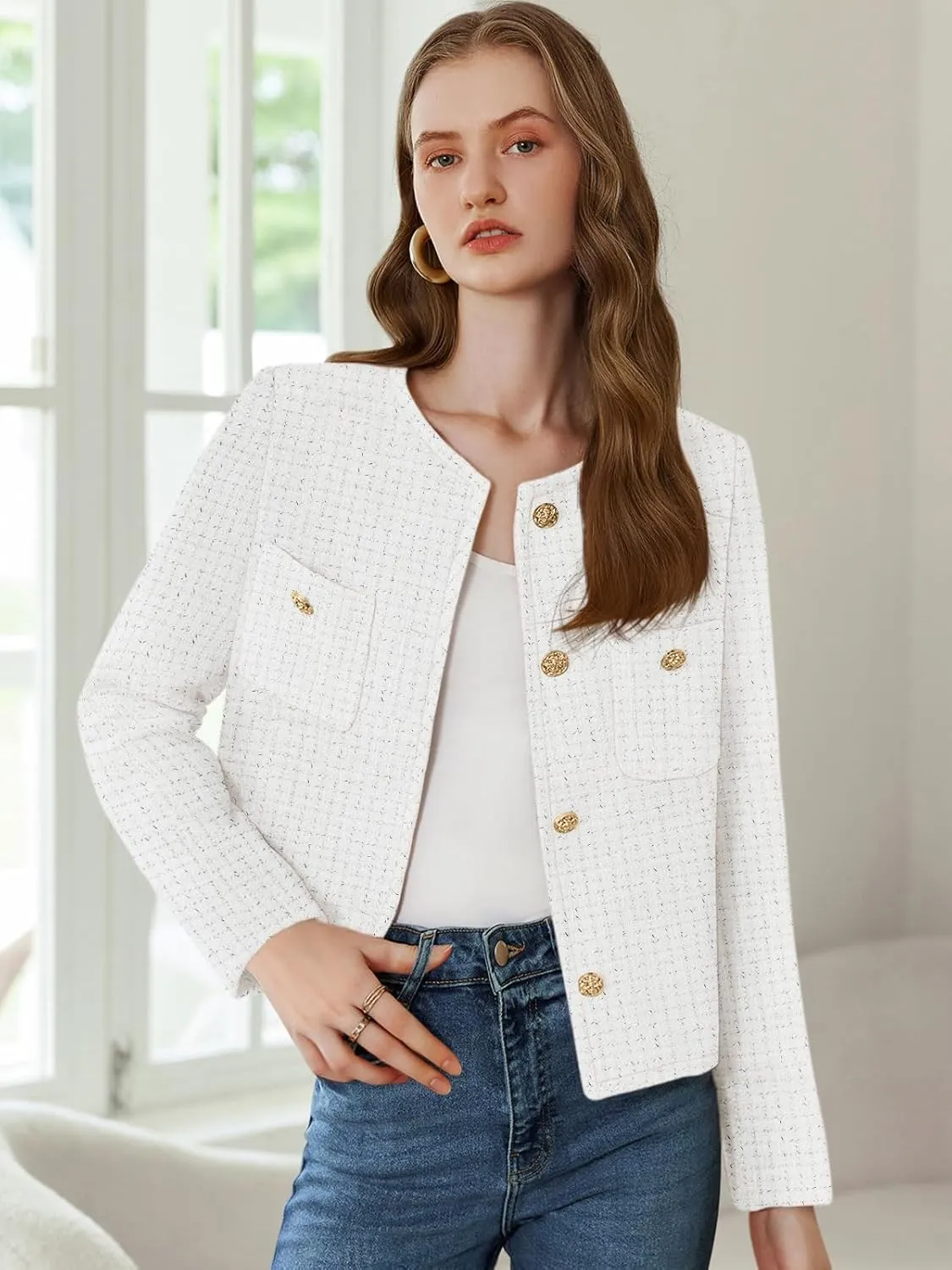 Women's Tweed Jackets Long Sleeve Business Button Down Casual Cropped Blazer with Pockets