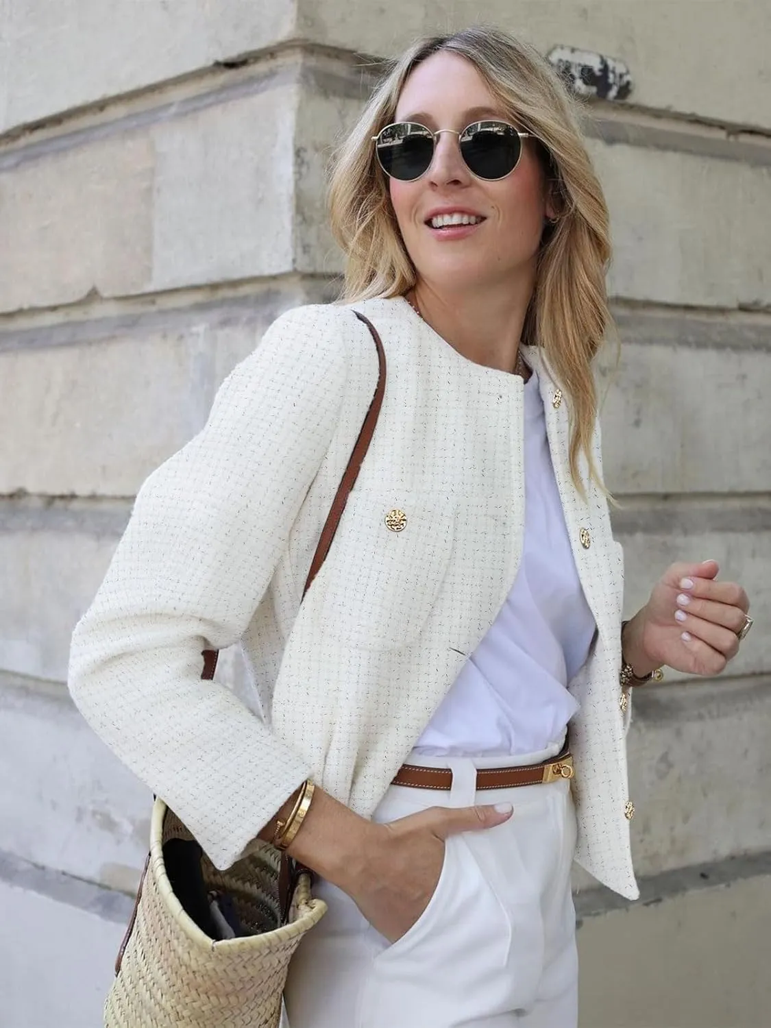 Women's Tweed Jackets Long Sleeve Business Button Down Casual Cropped Blazer with Pockets
