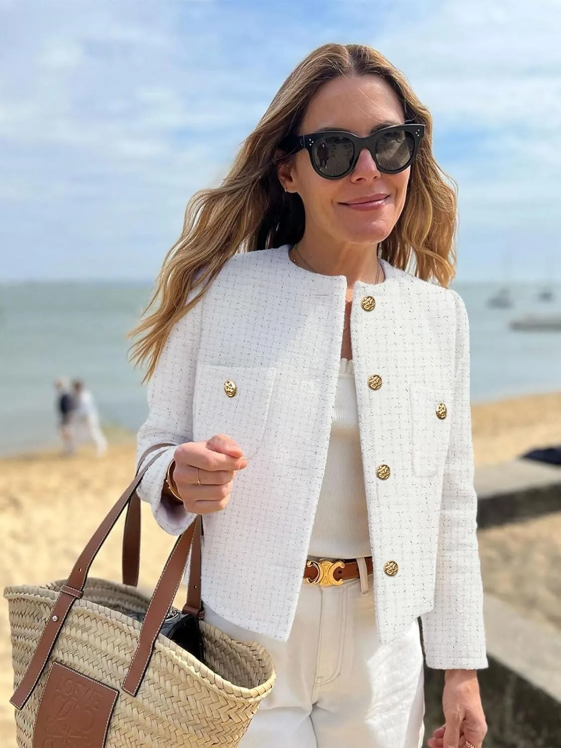 Women's Tweed Jackets Long Sleeve Business Button Down Casual Cropped Blazer with Pockets