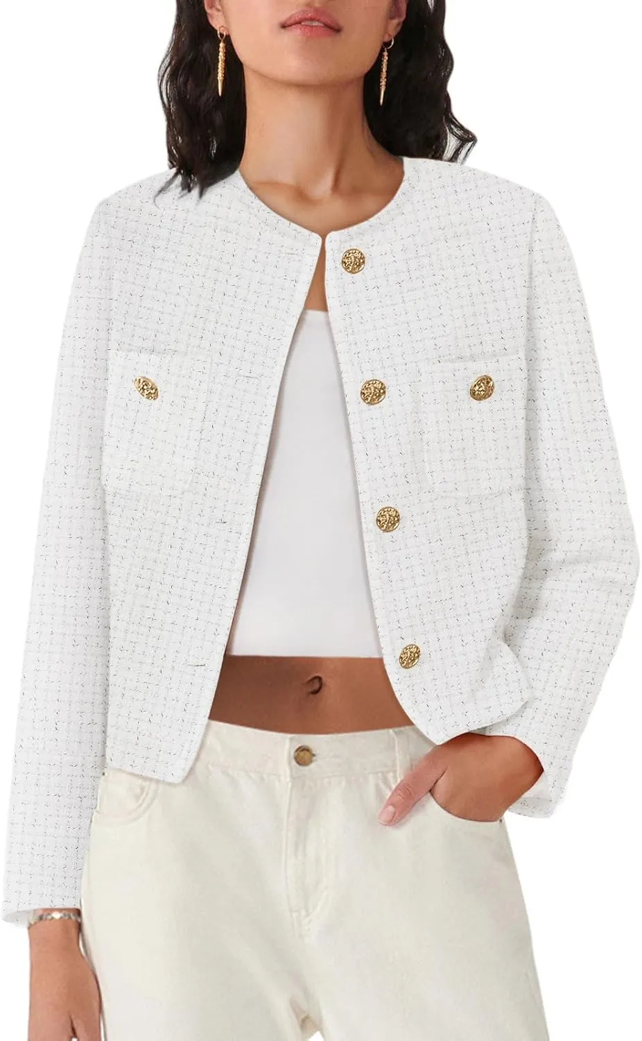 Women's Tweed Jackets Long Sleeve Business Button Down Casual Cropped Blazer with Pockets