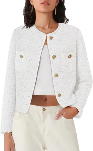 Women's Tweed Jackets Long Sleeve Business Button Down Casual Cropped Blazer with Pockets