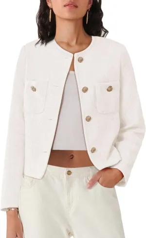 Women's Tweed Jackets Long Sleeve Business Button Down Casual Cropped Blazer with Pockets