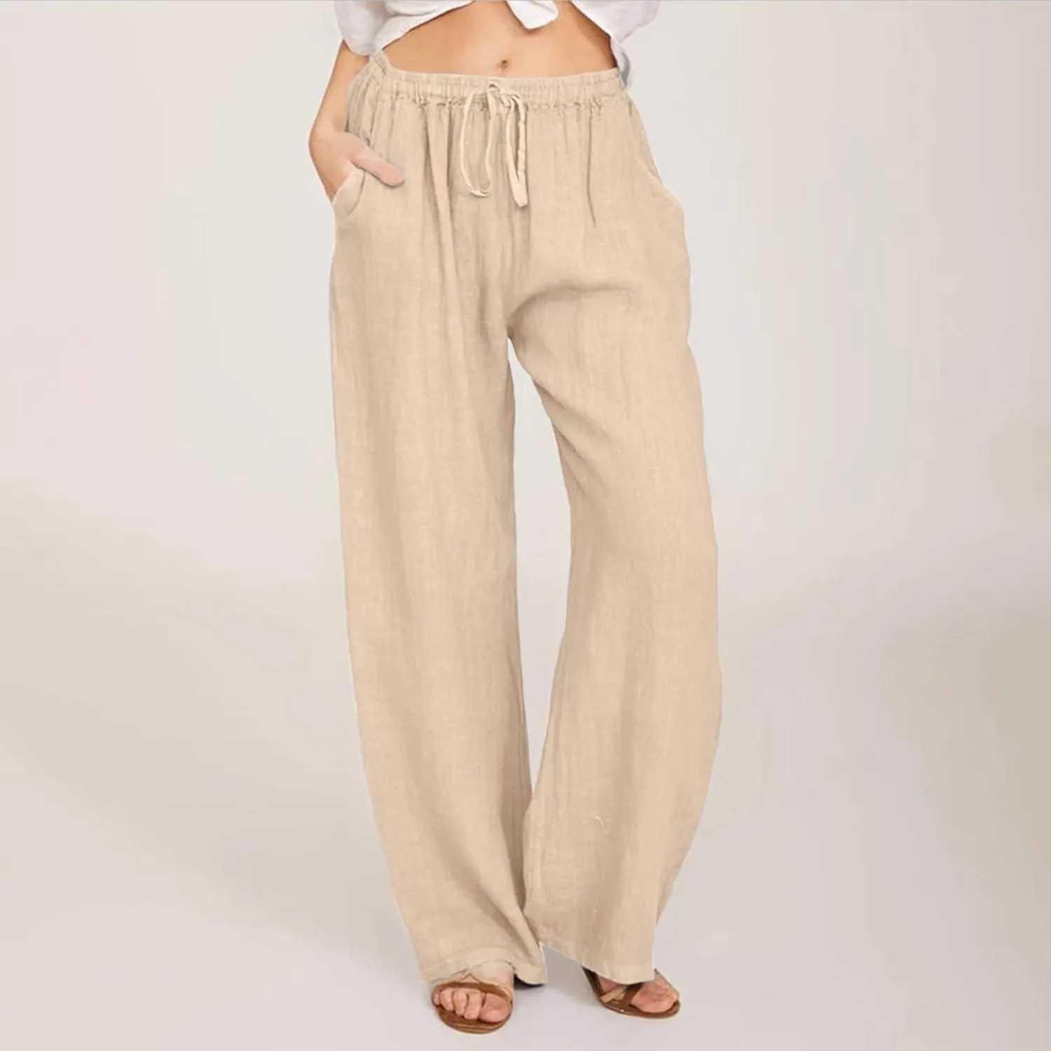 Women's Wide Leg Cotton Linen Pants Summer Flowy Beach Pants Drawstring High Waisted Palazzo Pants Plus Size Yoga Trousers