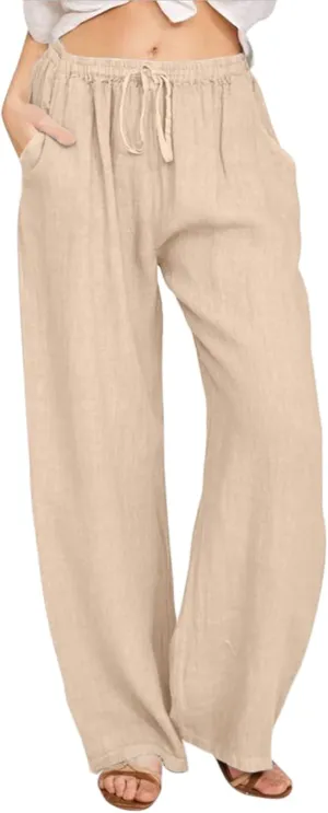 Women's Wide Leg Cotton Linen Pants Summer Flowy Beach Pants Drawstring High Waisted Palazzo Pants Plus Size Yoga Trousers