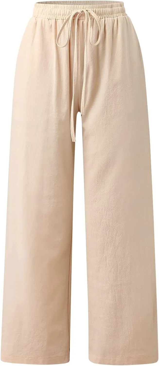 Women's Wide Leg Cotton Linen Pants Summer Flowy Beach Pants Drawstring High Waisted Palazzo Pants Plus Size Yoga Trousers