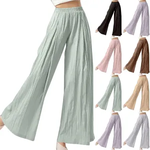 Women's Wide Leg Linen Pants Summer Casual Palazzo Baggy High Waisted Lounge Trouser with Pocket Elastic Beach Pant
