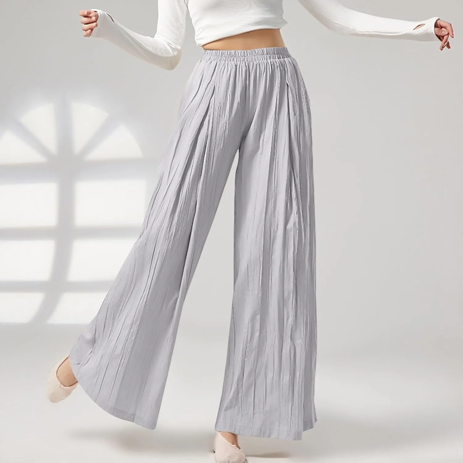 Women's Wide Leg Linen Pants Summer Casual Palazzo Baggy High Waisted Lounge Trouser with Pocket Elastic Beach Pant