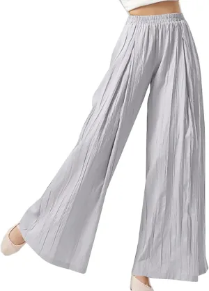 Women's Wide Leg Linen Pants Summer Casual Palazzo Baggy High Waisted Lounge Trouser with Pocket Elastic Beach Pant