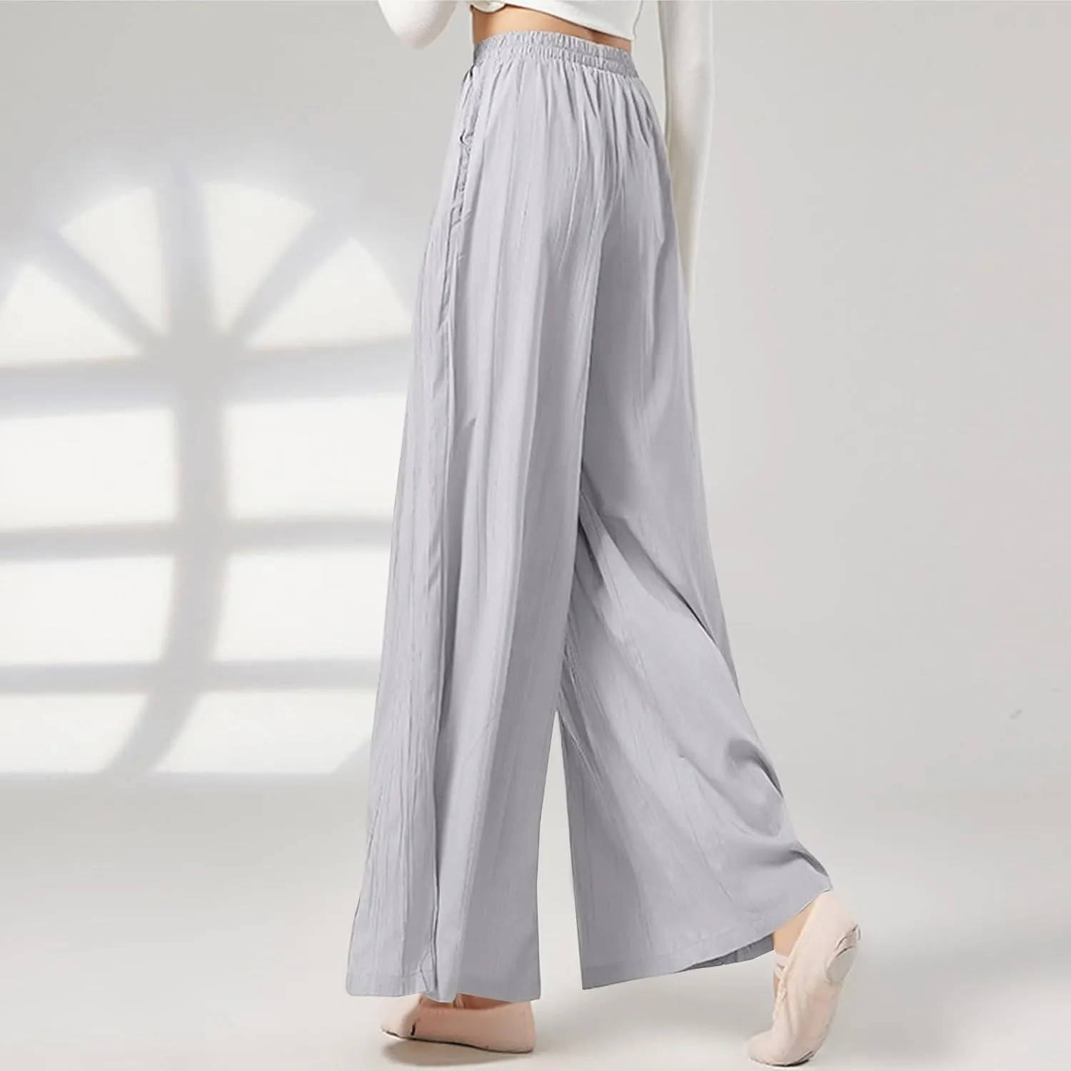 Women's Wide Leg Linen Pants Summer Casual Palazzo Baggy High Waisted Lounge Trouser with Pocket Elastic Beach Pant