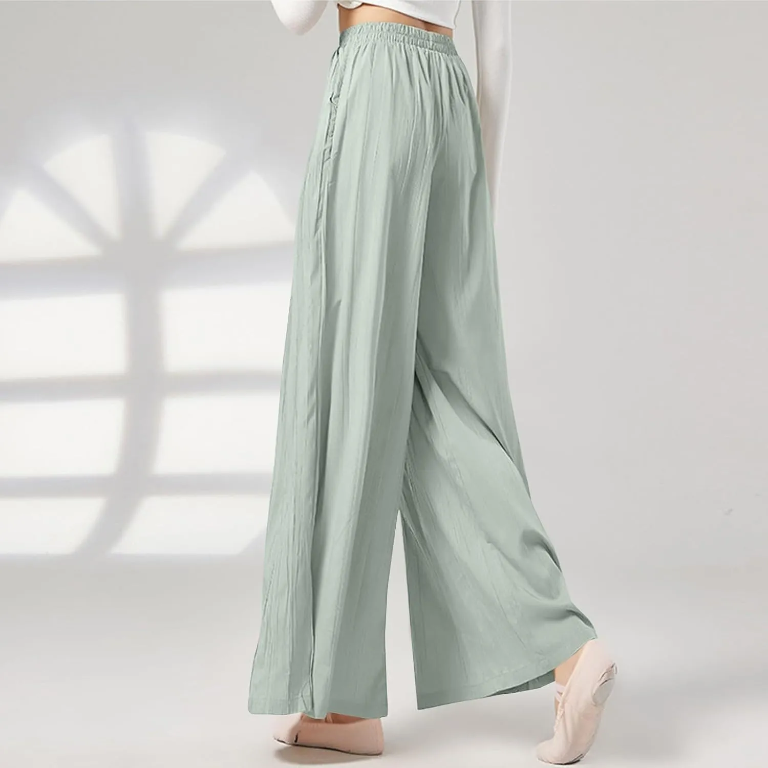 Women's Wide Leg Linen Pants Summer Casual Palazzo Baggy High Waisted Lounge Trouser with Pocket Elastic Beach Pant