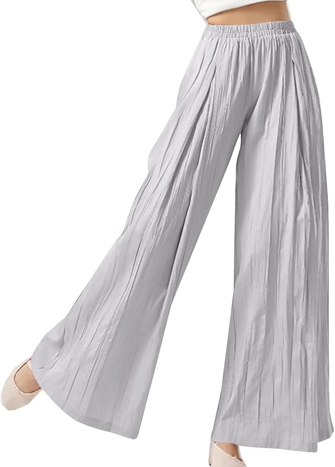 Women's Wide Leg Linen Pants Summer Casual Palazzo Baggy High Waisted Lounge Trouser with Pocket Elastic Beach Pant