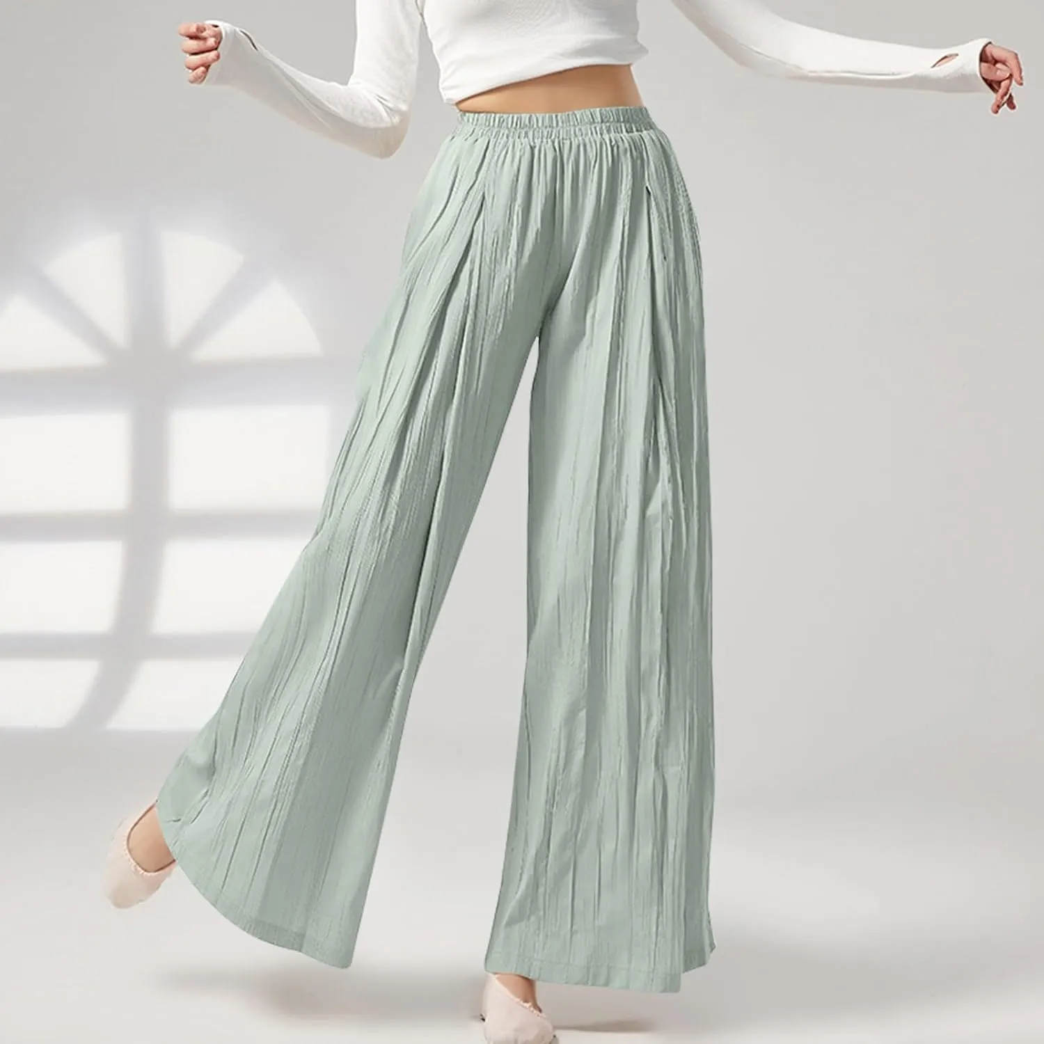 Women's Wide Leg Linen Pants Summer Casual Palazzo Baggy High Waisted Lounge Trouser with Pocket Elastic Beach Pant