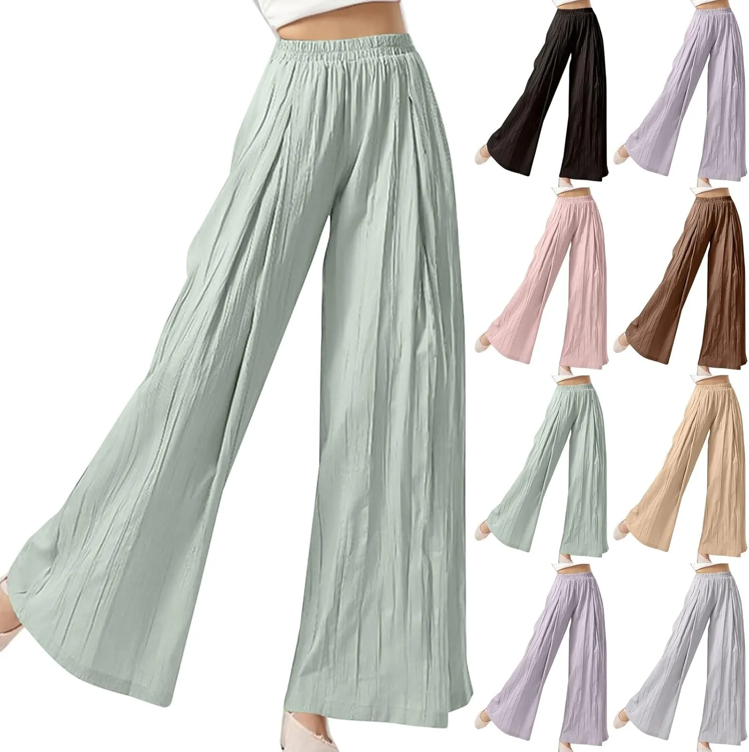 Women's Wide Leg Linen Pants Summer Casual Palazzo Baggy High Waisted Lounge Trouser with Pocket Elastic Beach Pant