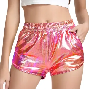 Women's Yoga Hot Shorts Elastic Waist Shiny Metallic Short Pants