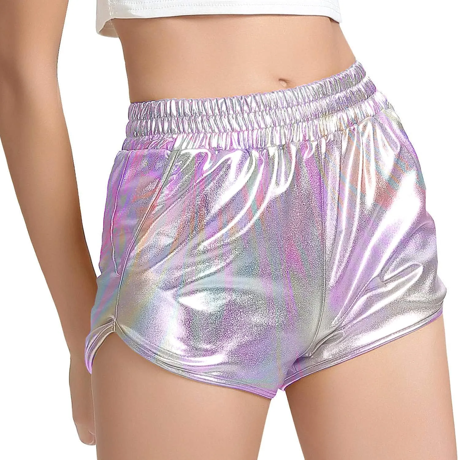 Women's Yoga Hot Shorts Elastic Waist Shiny Metallic Short Pants