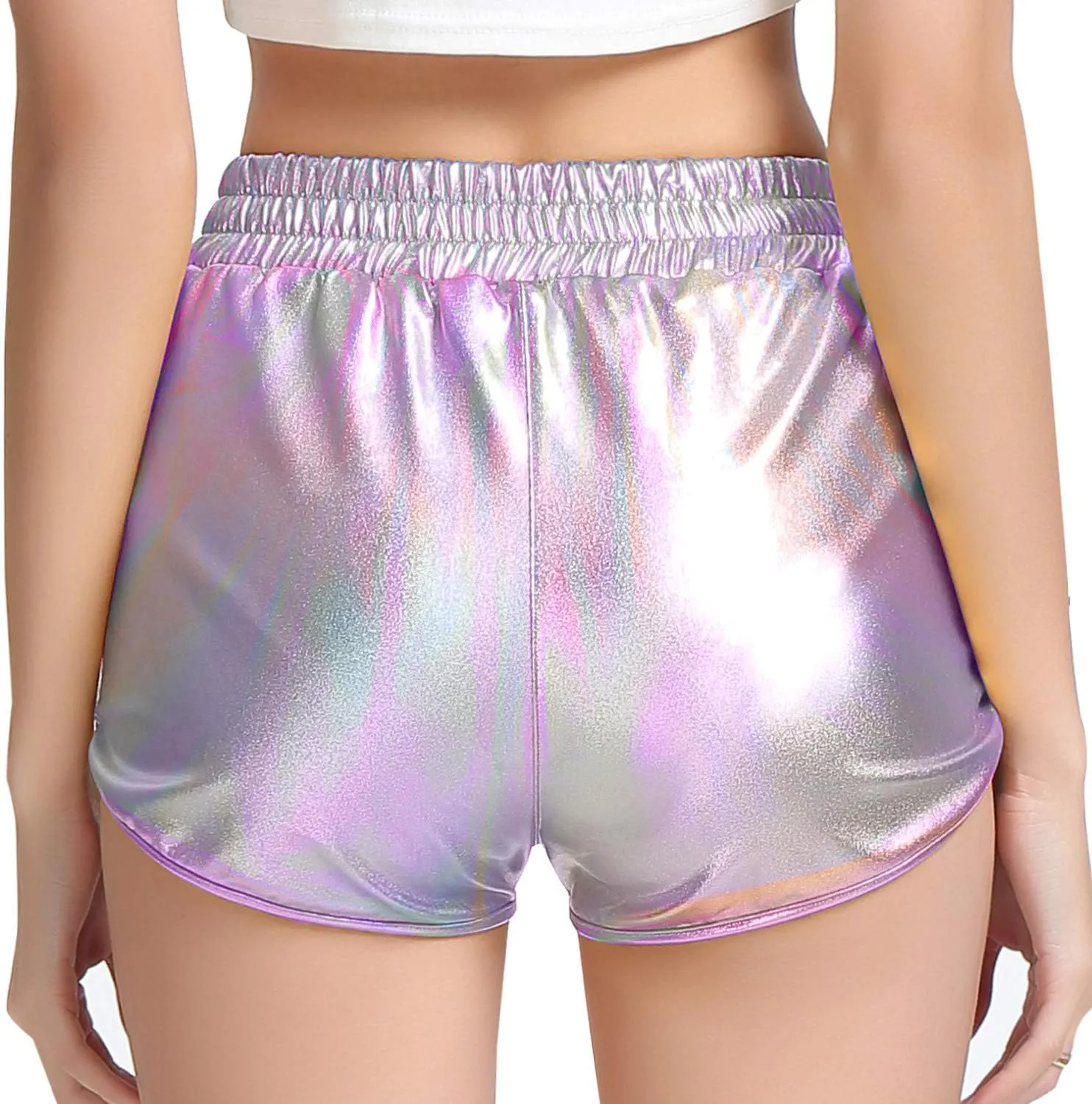 Women's Yoga Hot Shorts Elastic Waist Shiny Metallic Short Pants