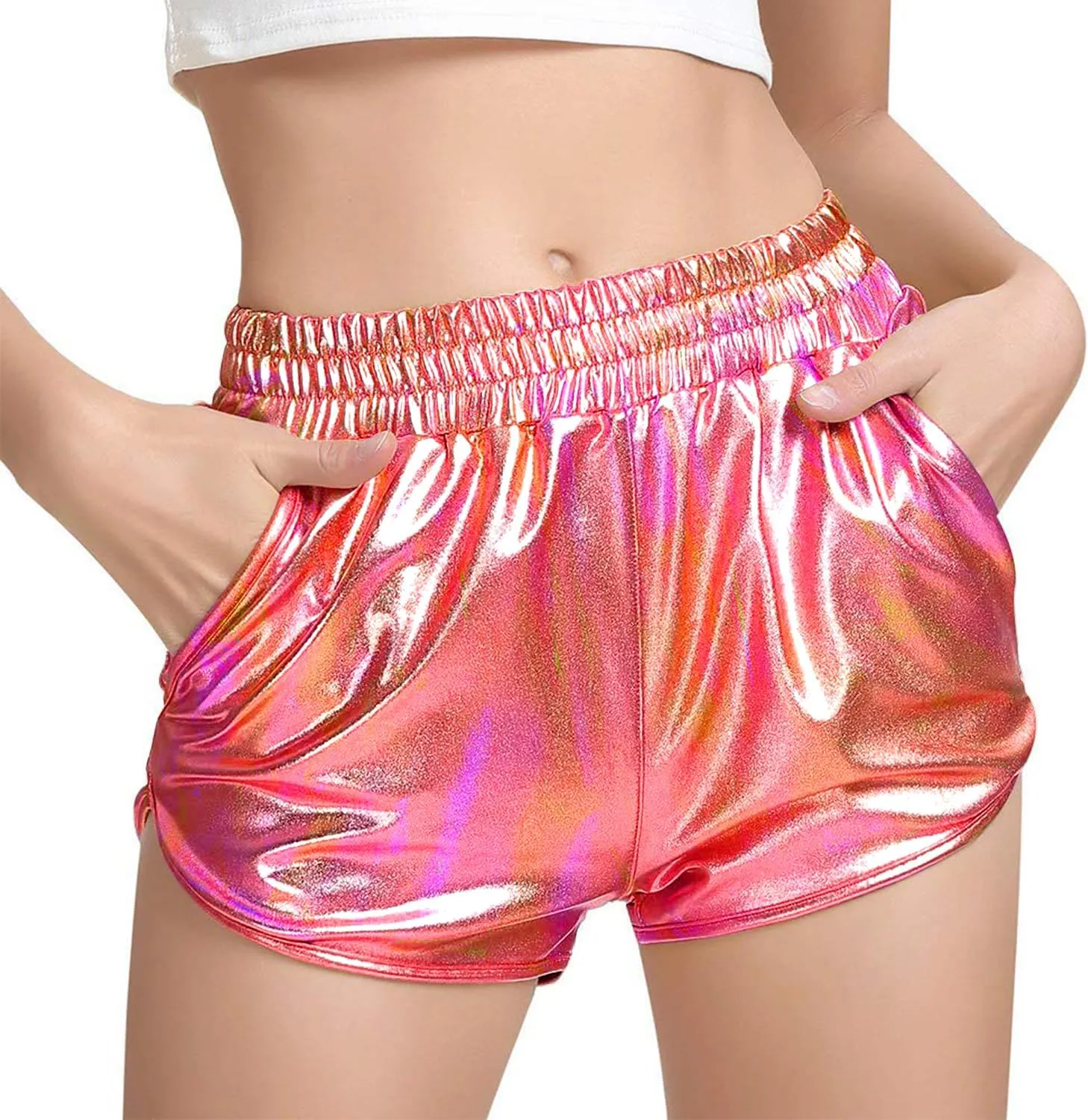 Women's Yoga Hot Shorts Elastic Waist Shiny Metallic Short Pants