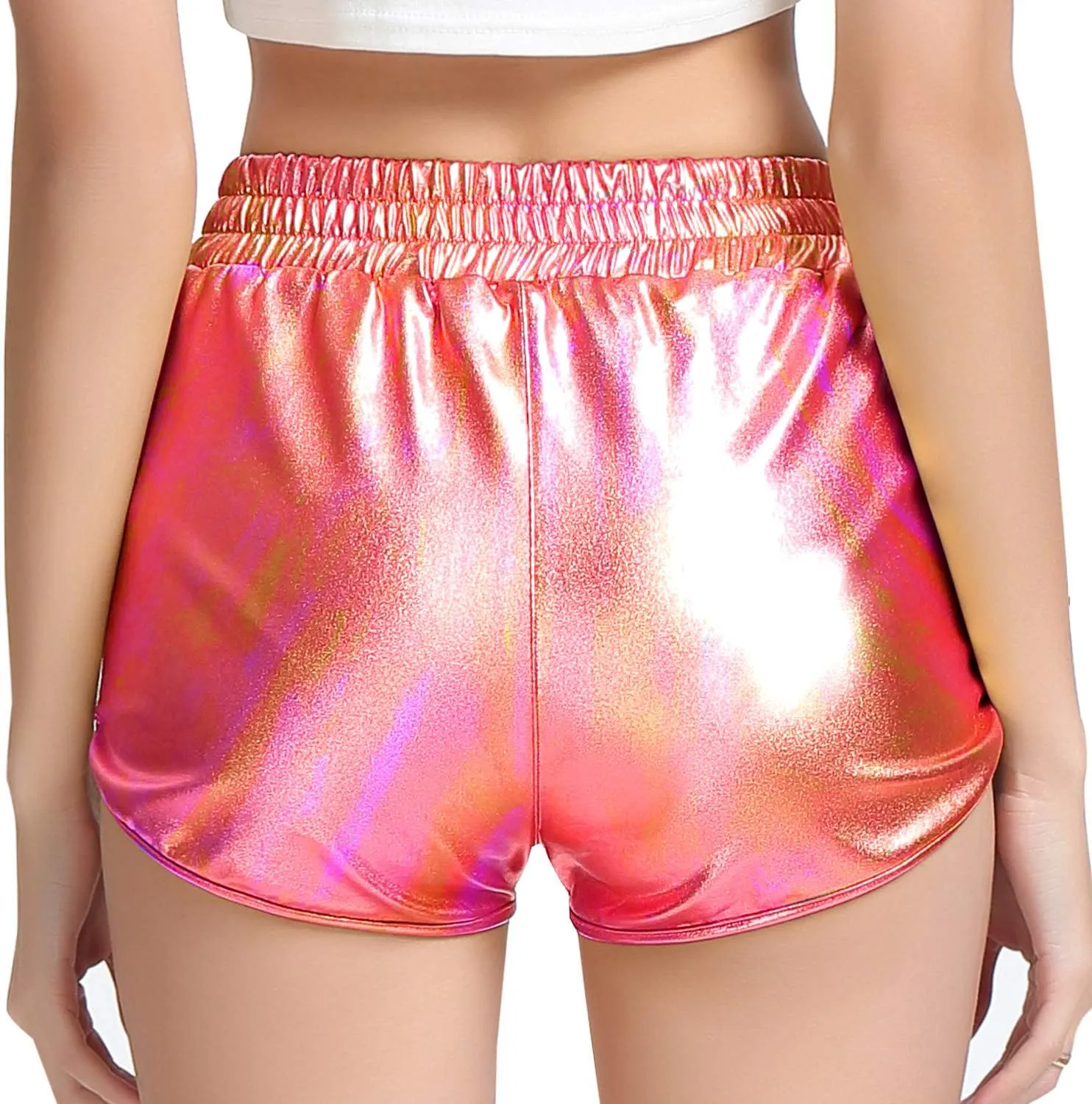 Women's Yoga Hot Shorts Elastic Waist Shiny Metallic Short Pants