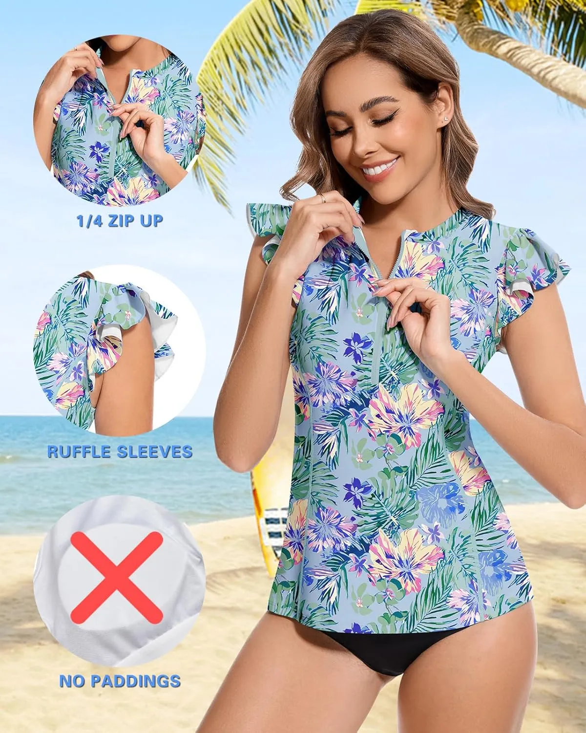 WOWENY Women Rash Guard Ruffle Sleeveless Swim Shirts Sun Protection Swimsuit Top Bathing Suit No Bottom