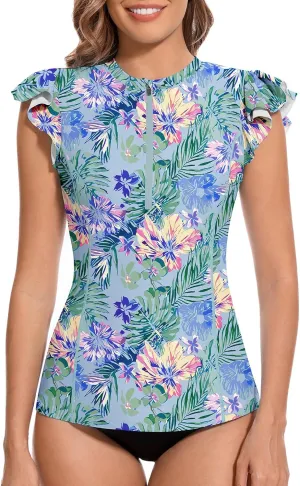 WOWENY Women Rash Guard Ruffle Sleeveless Swim Shirts Sun Protection Swimsuit Top Bathing Suit No Bottom