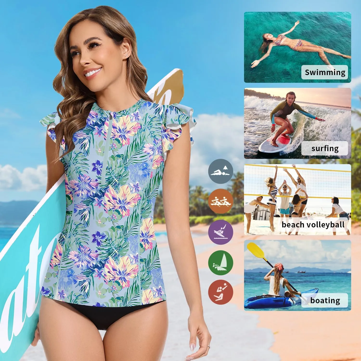 WOWENY Women Rash Guard Ruffle Sleeveless Swim Shirts Sun Protection Swimsuit Top Bathing Suit No Bottom