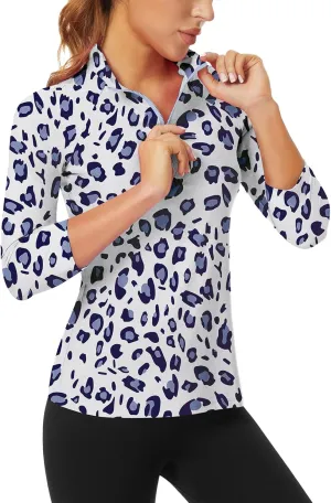 WOWENY Women's 3/4 Sleeve Athletic Golf Shirts Quarter Zip Pullover Collared T-Shirt Workout Print Tennis Top