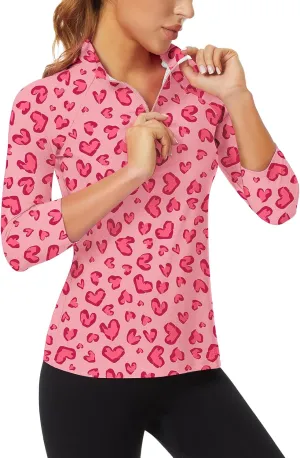 WOWENY Women's 3/4 Sleeve Athletic Golf Shirts Quarter Zip Pullover Collared T-Shirt Workout Print Tennis Top