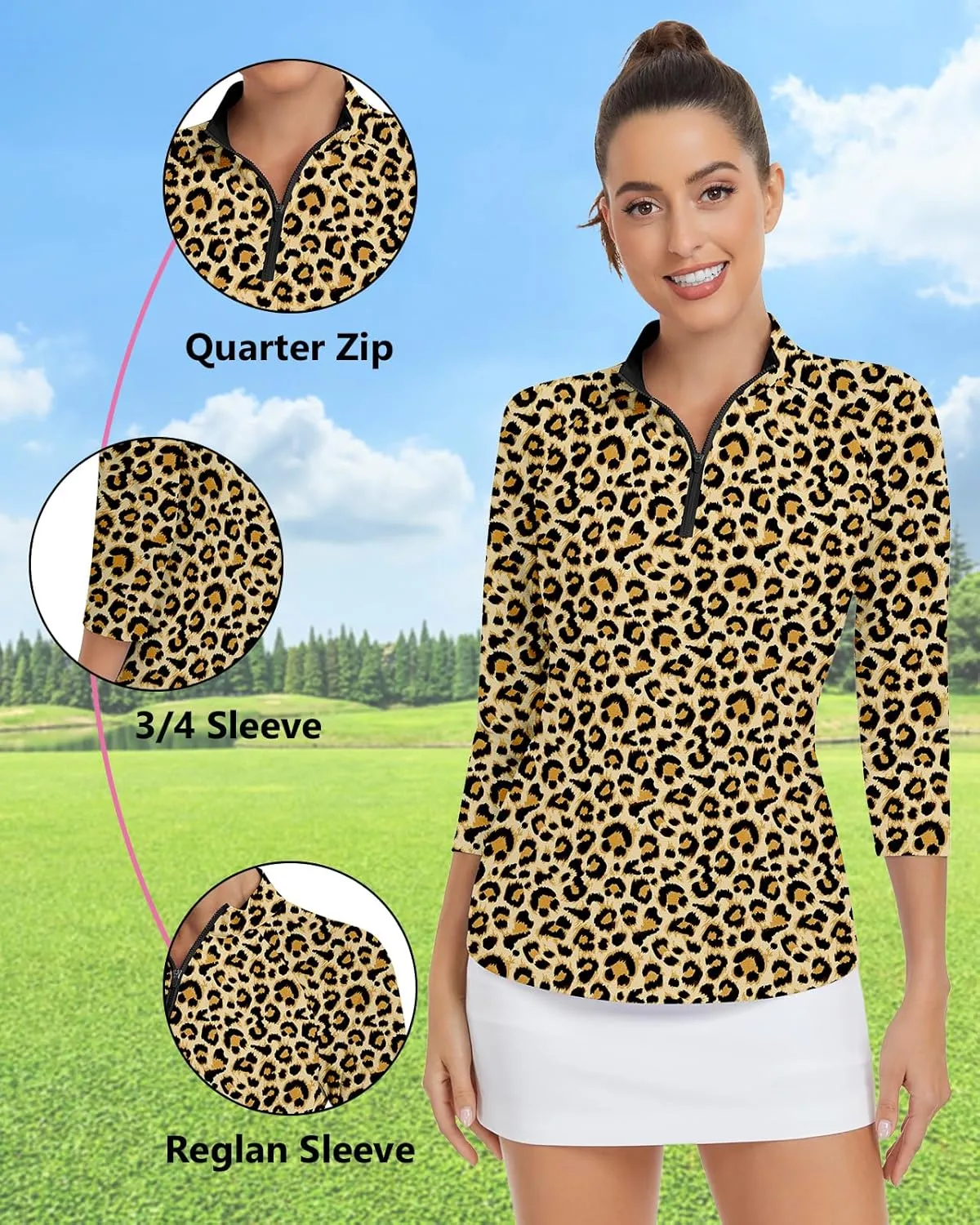 WOWENY Women's 3/4 Sleeve Athletic Golf Shirts Quarter Zip Pullover Collared T-Shirt Workout Print Tennis Top