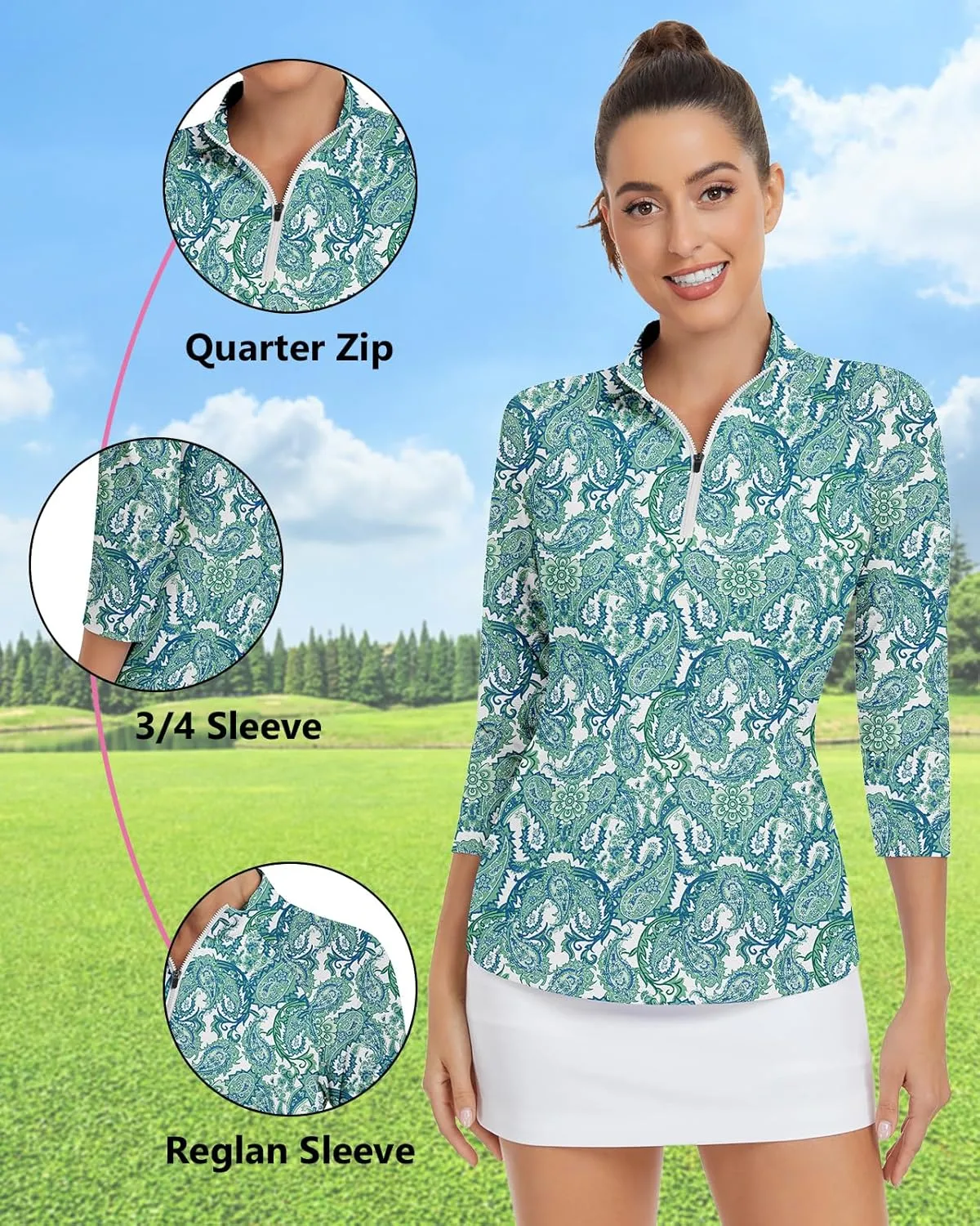 WOWENY Women's 3/4 Sleeve Athletic Golf Shirts Quarter Zip Pullover Collared T-Shirt Workout Print Tennis Top