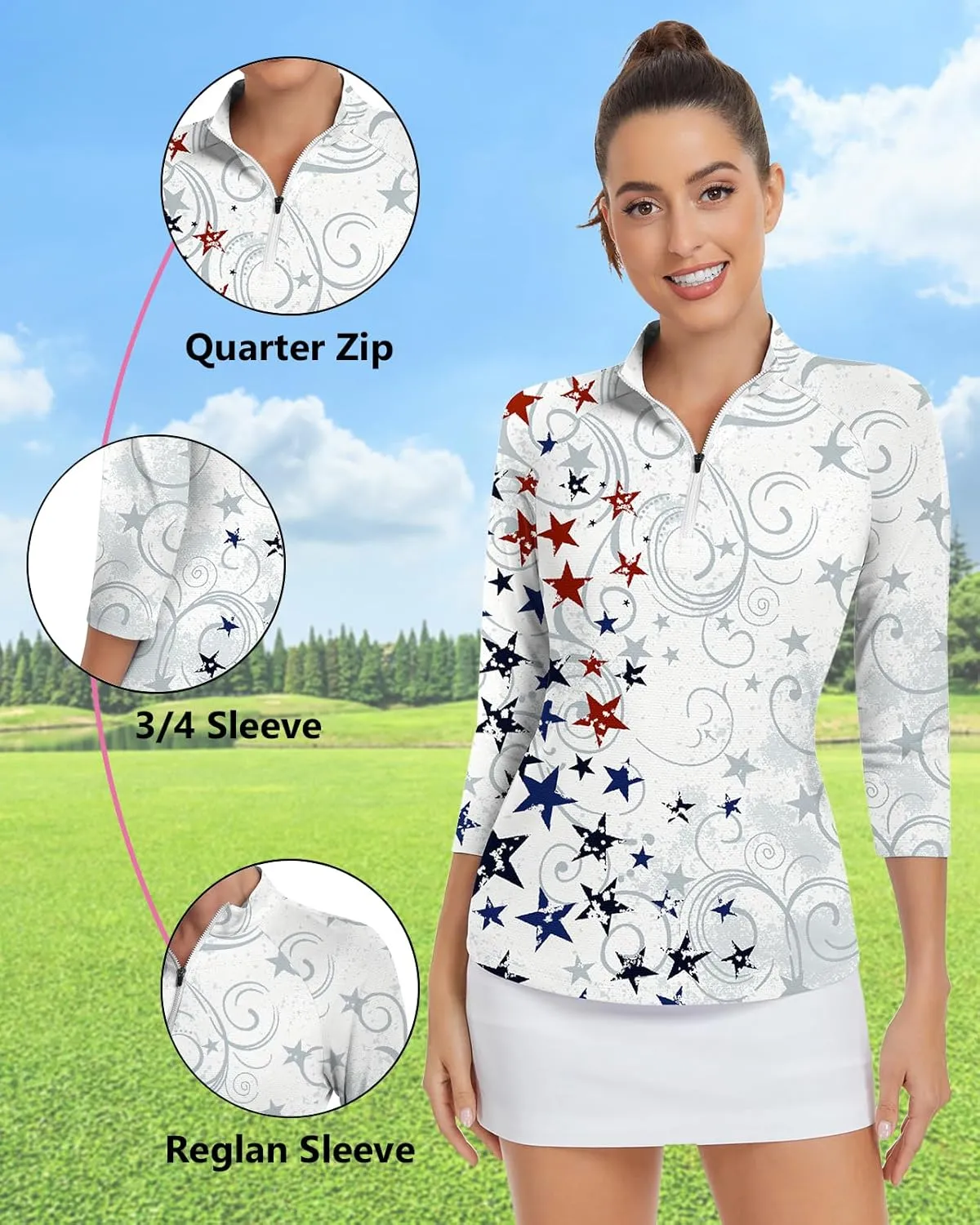 WOWENY Women's 3/4 Sleeve Athletic Golf Shirts Quarter Zip Pullover Collared T-Shirt Workout Print Tennis Top