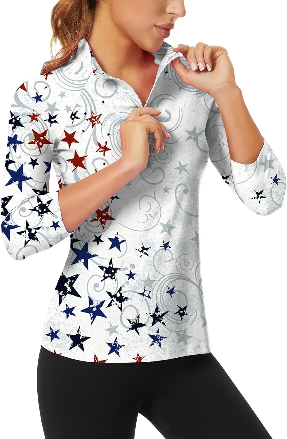 WOWENY Women's 3/4 Sleeve Athletic Golf Shirts Quarter Zip Pullover Collared T-Shirt Workout Print Tennis Top