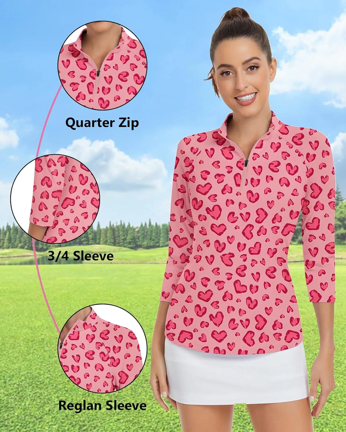 WOWENY Women's 3/4 Sleeve Athletic Golf Shirts Quarter Zip Pullover Collared T-Shirt Workout Print Tennis Top