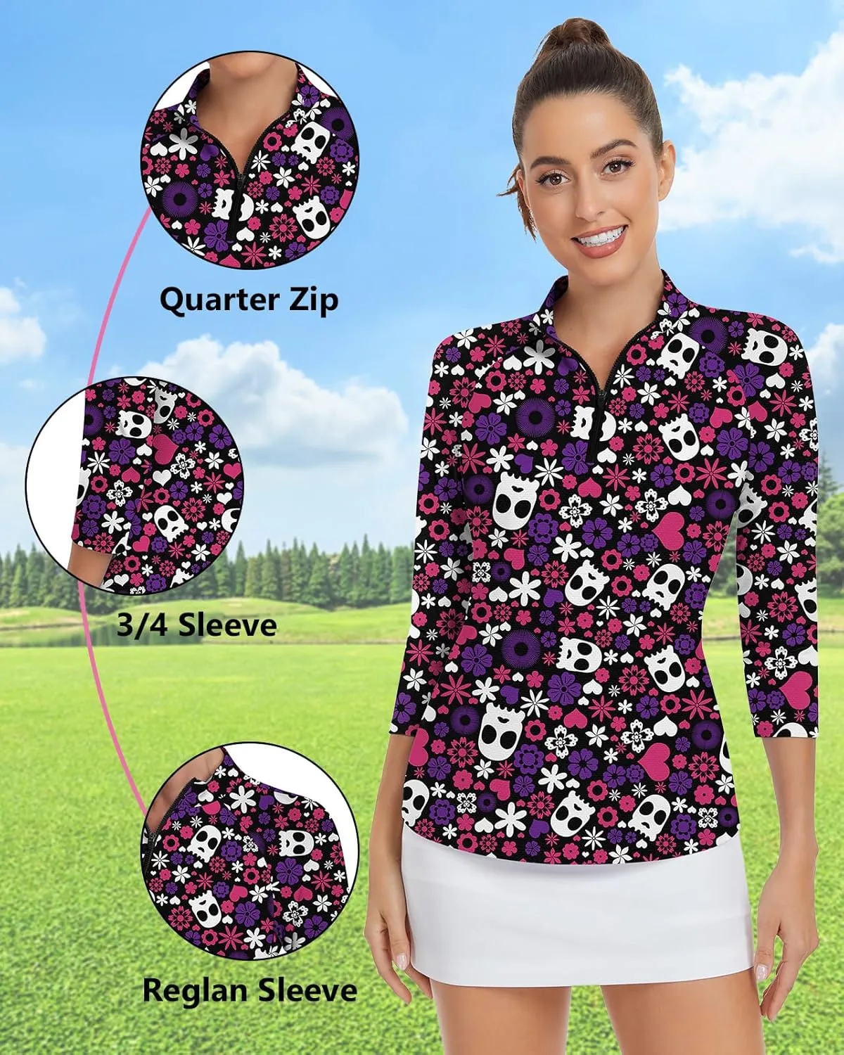 WOWENY Women's 3/4 Sleeve Athletic Golf Shirts Quarter Zip Pullover Collared T-Shirt Workout Print Tennis Top