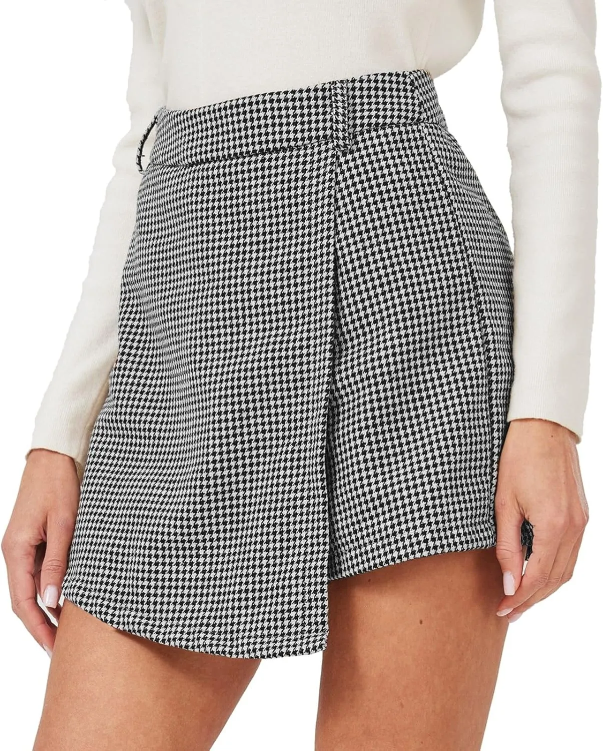 XinYangNi Women's Casual High Waisted Asymmetrical Hem A-line Plaid Faux Leather Dressy Wrap Skort Shorts