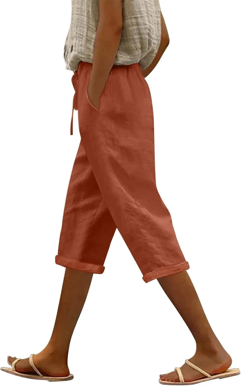 Yoga Pants with Pockets for Women Linen Elastic Seven Pants Beach Loose Comfy Trendy Elastic Waist Cropped Trouser