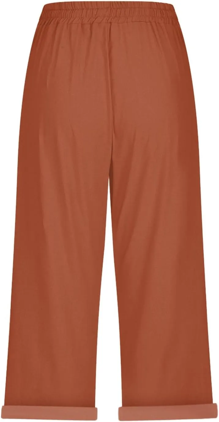 Yoga Pants with Pockets for Women Linen Elastic Seven Pants Beach Loose Comfy Trendy Elastic Waist Cropped Trouser