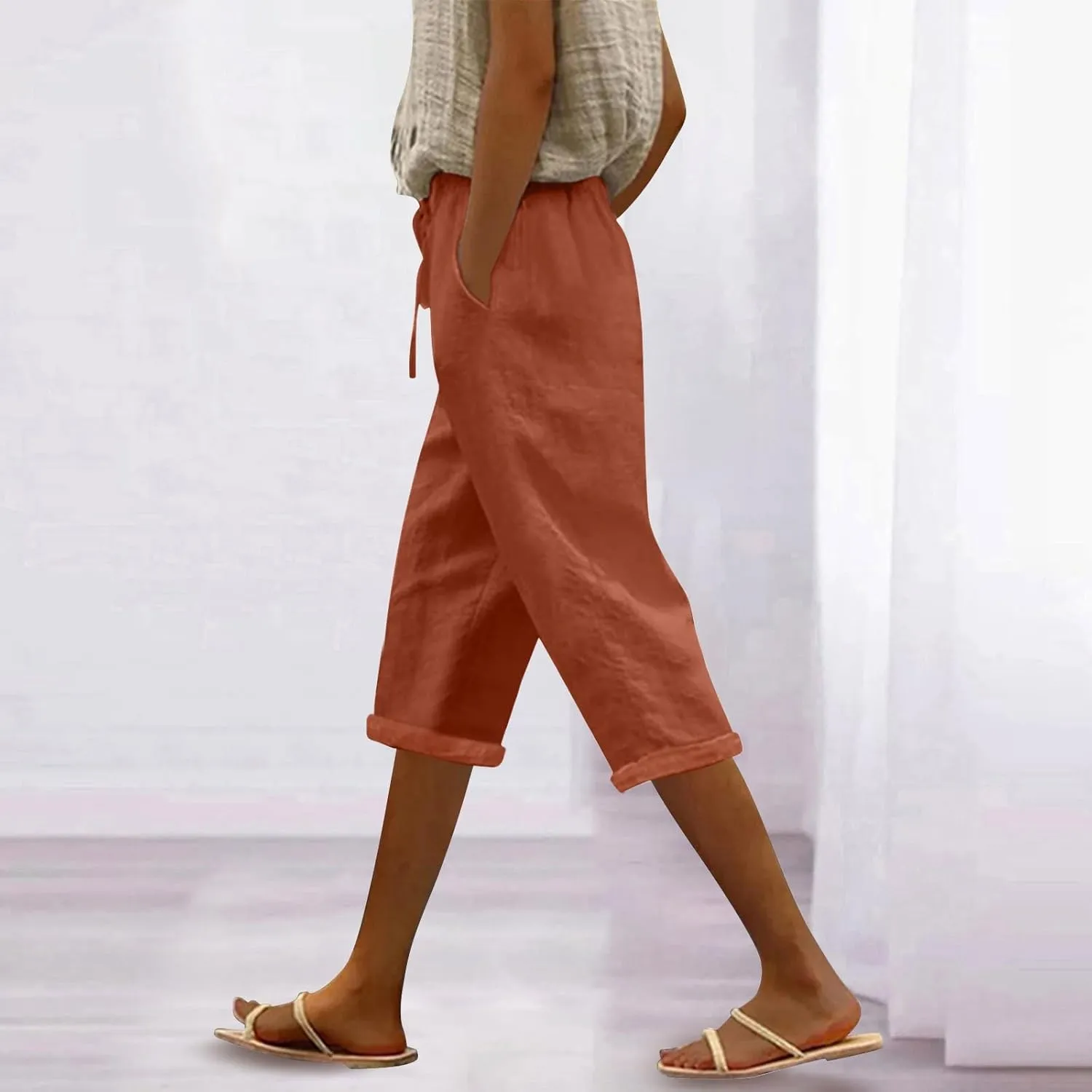 Yoga Pants with Pockets for Women Linen Elastic Seven Pants Beach Loose Comfy Trendy Elastic Waist Cropped Trouser