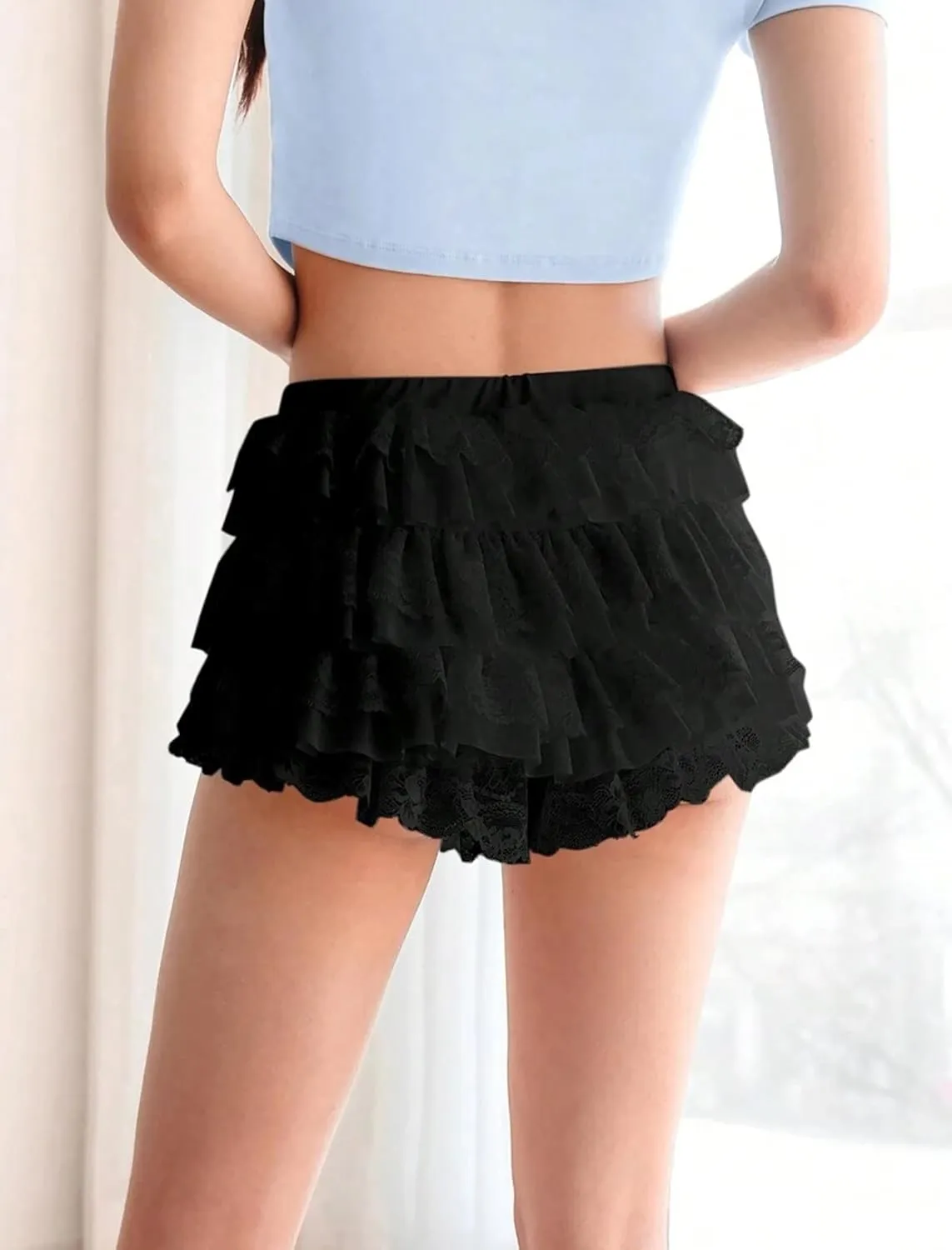 ZAFUL Women's Y2k Summer Shorts Mesh Lace Layered Ruffle Trim Skirts Cute Bow Waist Mini Skorts