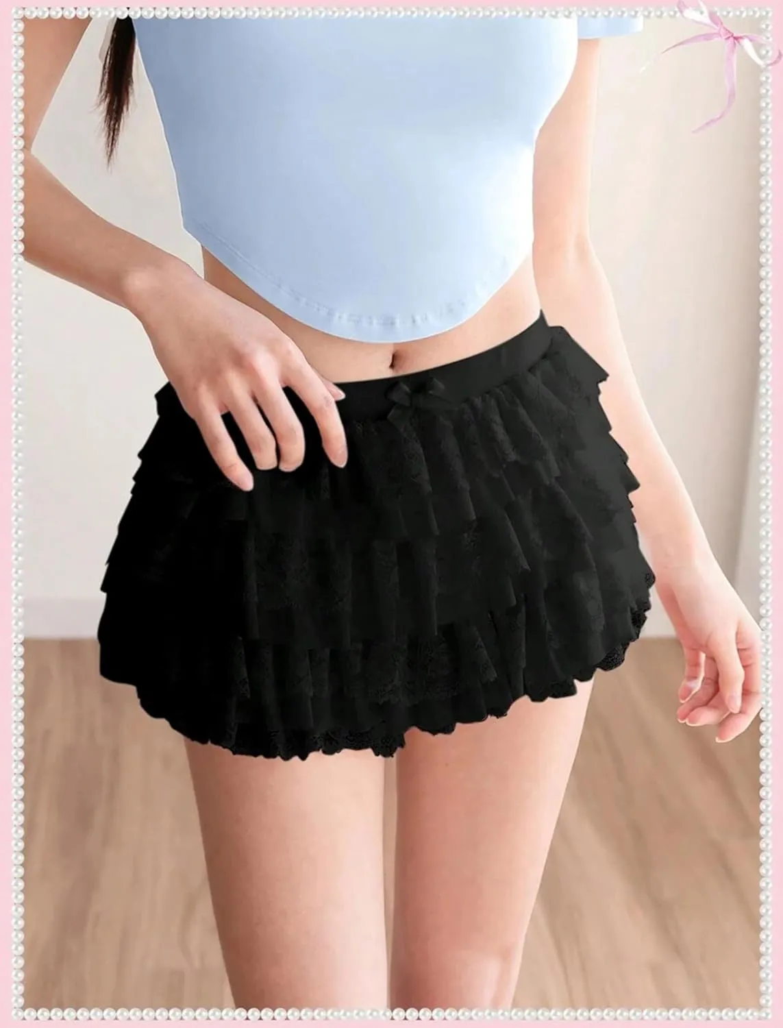 ZAFUL Women's Y2k Summer Shorts Mesh Lace Layered Ruffle Trim Skirts Cute Bow Waist Mini Skorts