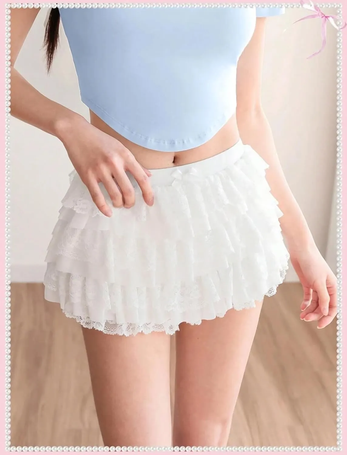 ZAFUL Women's Y2k Summer Shorts Mesh Lace Layered Ruffle Trim Skirts Cute Bow Waist Mini Skorts