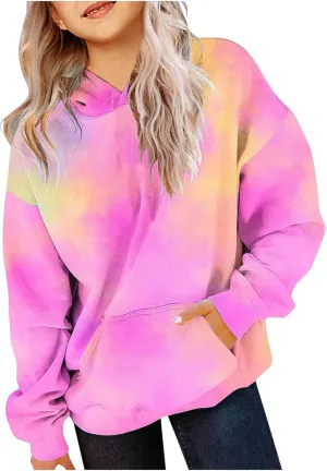ZDRZK Hoodie for Girls Y2K Oversized Long Sleeve Tie-Dye Gradient Cute Sweatshirts Casual Pullover Tops with Pockets