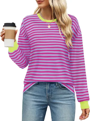 ZESICA Womens Long Sleeve Striped Shirts Fall Crewneck Casual Loose Fit Tunic Tops