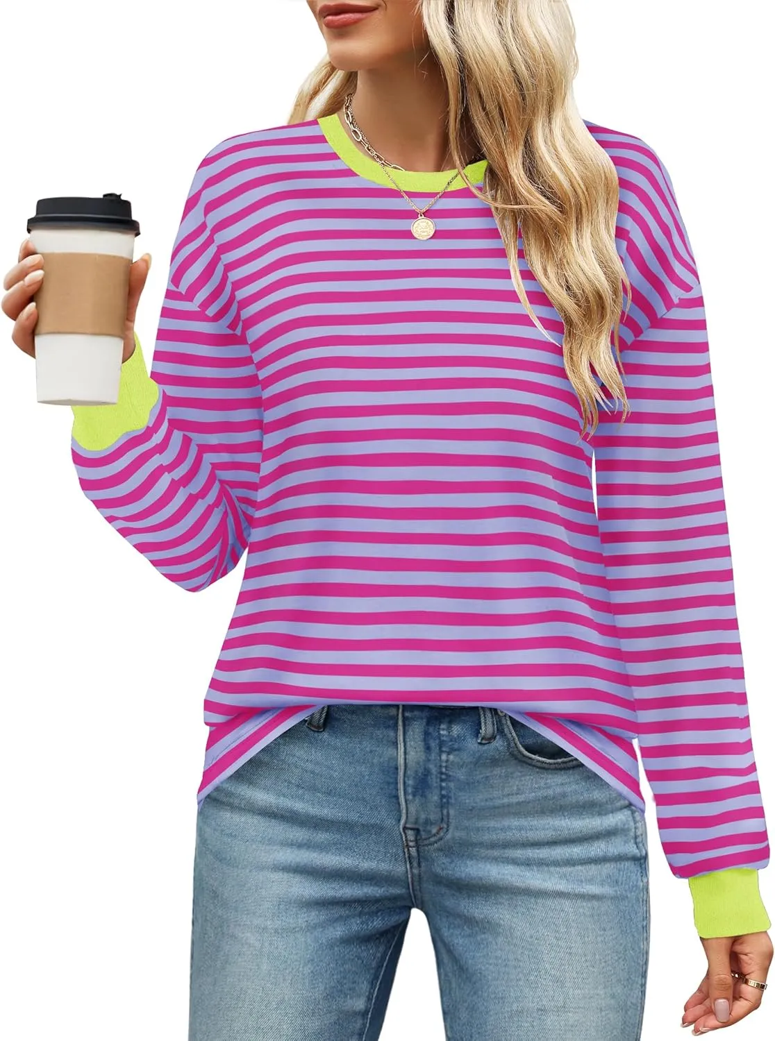 ZESICA Womens Long Sleeve Striped Shirts Fall Crewneck Casual Loose Fit Tunic Tops